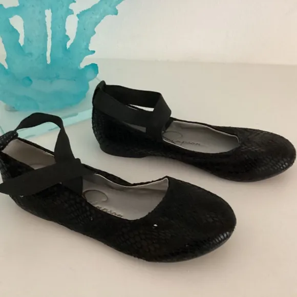 Jessica Simpson Girls Maddie Sz 3 Criss Cross Ballet Flats Shoes Black Printed