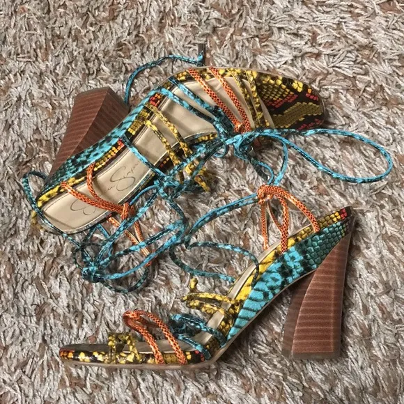 Jessica Simpson mustard combo hippie snake print heels