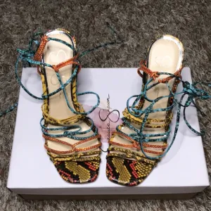 Jessica Simpson mustard combo hippie snake print heels