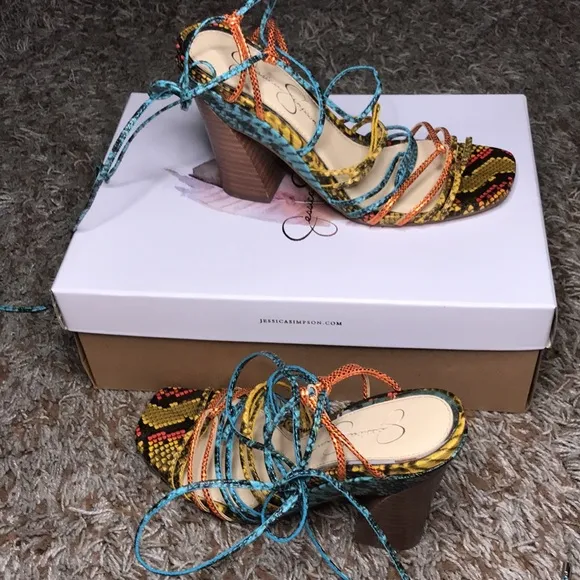 Jessica Simpson mustard combo hippie snake print heels