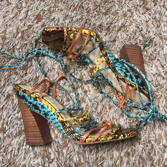 Jessica Simpson mustard combo hippie snake print heels