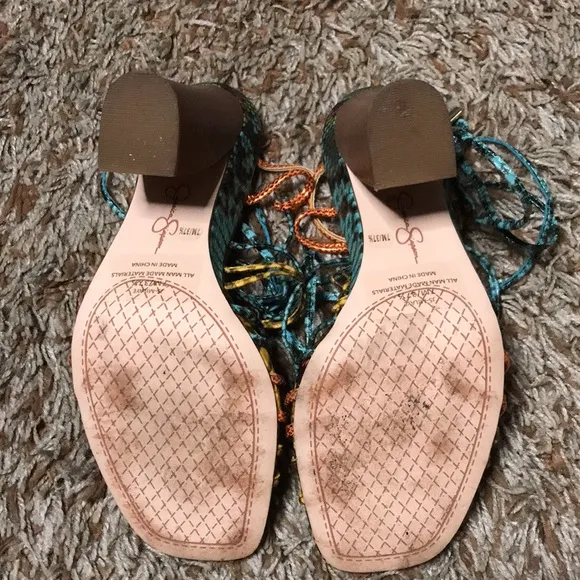Jessica Simpson mustard combo hippie snake print heels