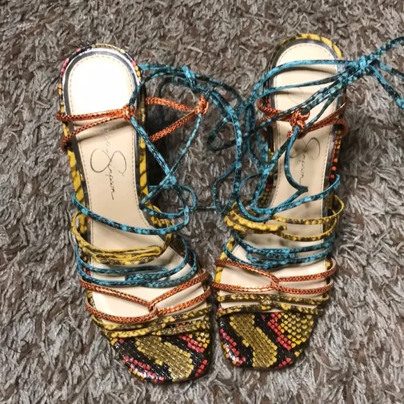 Jessica Simpson mustard combo hippie snake print heels