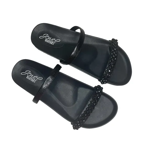 Jewel Badgley Mischka Black Ossie Footbed Rhinestone Sandals