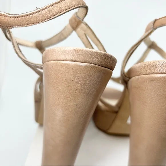 JFK Made in Italy Leather Heels Strappy T Bar Nude Block High Heel Shoes
