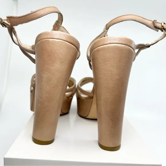 JFK Made in Italy Leather Heels Strappy T Bar Nude Block High Heel Shoes