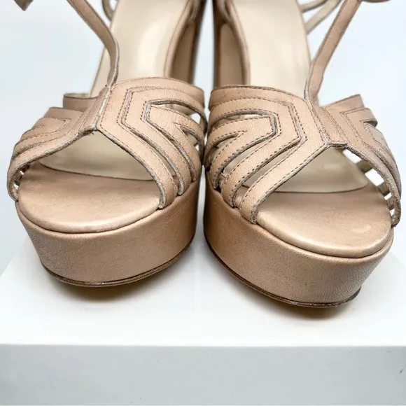 JFK Made in Italy Leather Heels Strappy T Bar Nude Block High Heel Shoes
