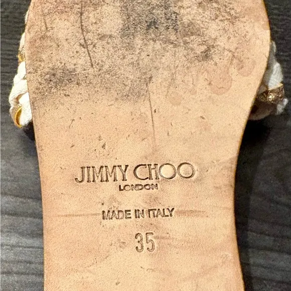 Jimmy Choo Gold and White Sandals with Braided Straps