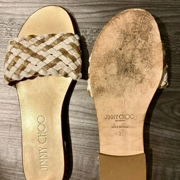 Jimmy Choo Gold and White Sandals with Braided Straps