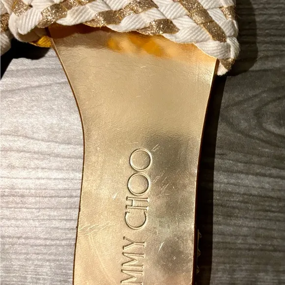 Jimmy Choo Gold and White Sandals with Braided Straps