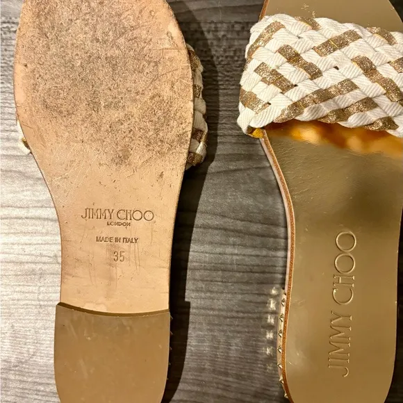 Jimmy Choo Gold and White Sandals with Braided Straps