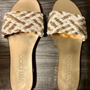 Jimmy Choo Gold and White Sandals with Braided Straps