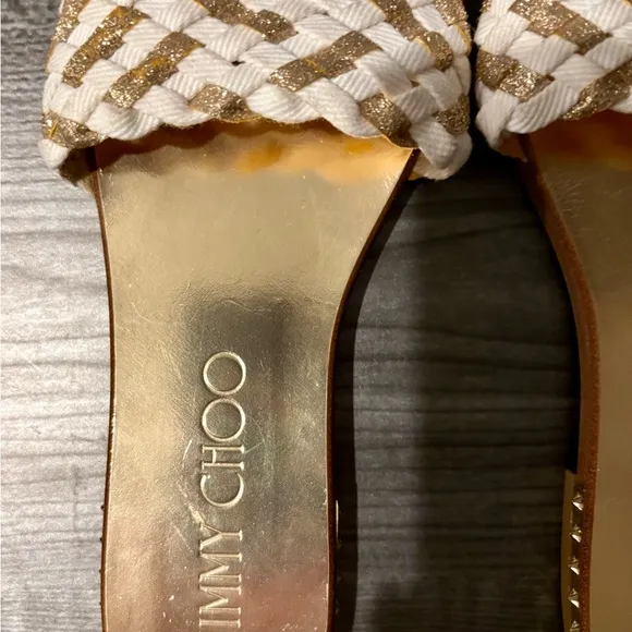 Jimmy Choo Gold and White Sandals with Braided Straps