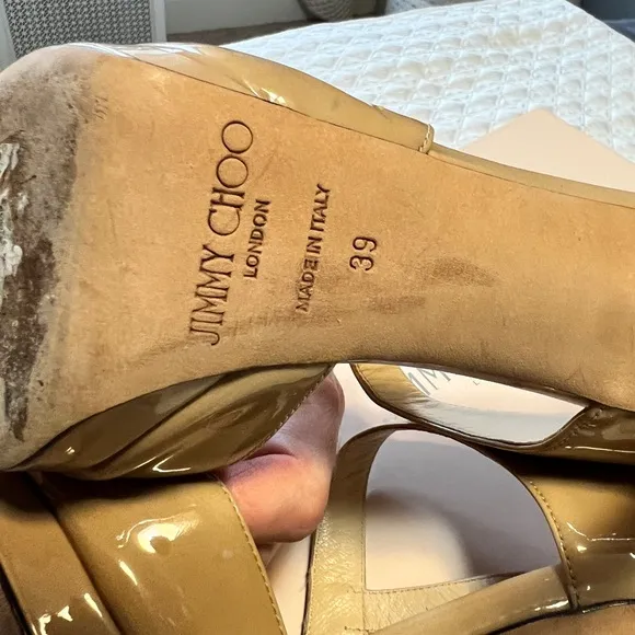 ~Jimmy Choo Nude Beige VAMP Patent Platform Sandals Sz. 39 *EUC* MSRP: $750 tax