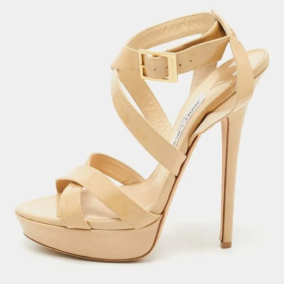 ~Jimmy Choo Nude Beige VAMP Patent Platform Sandals Sz. 39 *EUC* MSRP: $750 tax