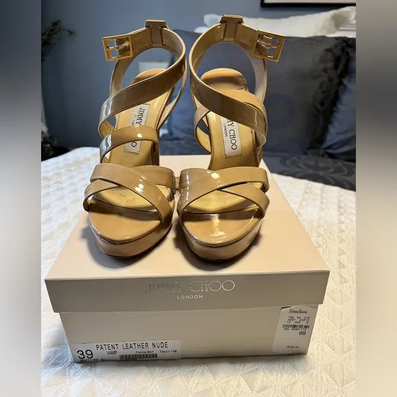 ~Jimmy Choo Nude Beige VAMP Patent Platform Sandals Sz. 39 *EUC* MSRP: $750 tax