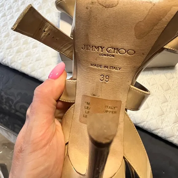 ~Jimmy Choo Nude Beige VAMP Patent Platform Sandals Sz. 39 *EUC* MSRP: $750 tax