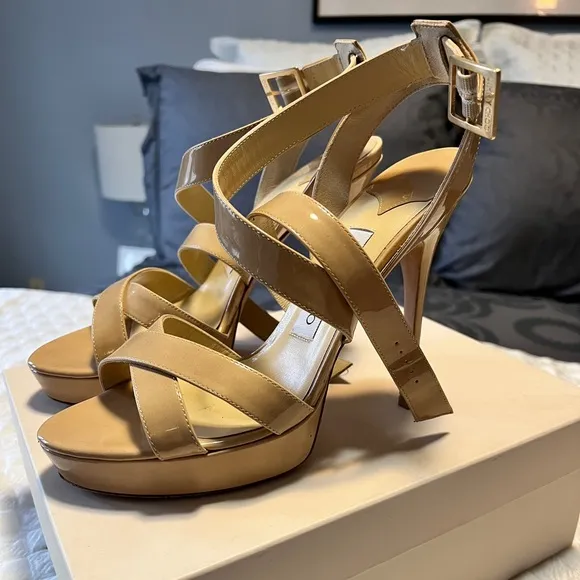 ~Jimmy Choo Nude Beige VAMP Patent Platform Sandals Sz. 39 *EUC* MSRP: $750 tax