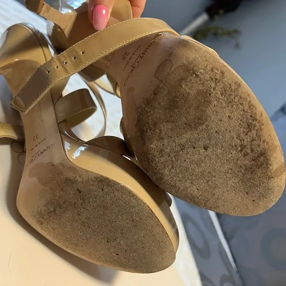 ~Jimmy Choo Nude Beige VAMP Patent Platform Sandals Sz. 39 *EUC* MSRP: $750 tax