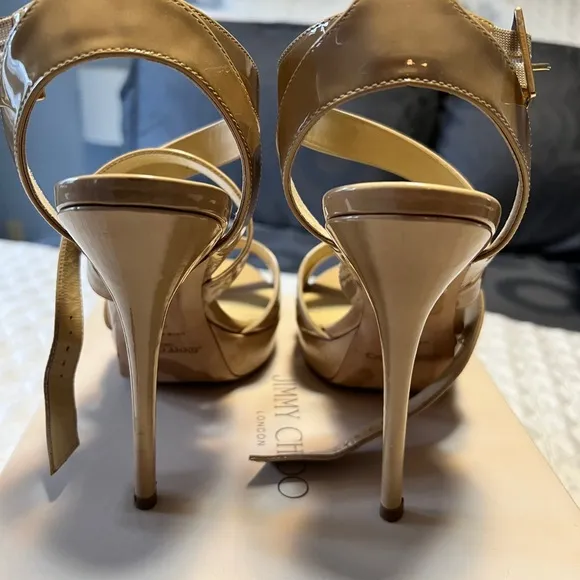 ~Jimmy Choo Nude Beige VAMP Patent Platform Sandals Sz. 39 *EUC* MSRP: $750 tax