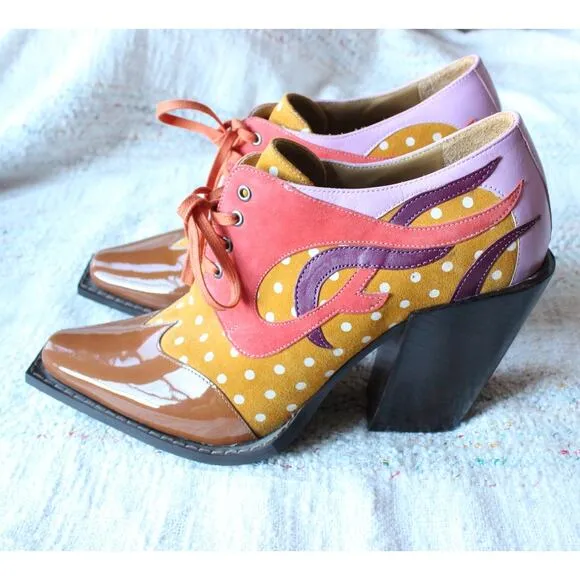 John Fluevog Dali Orange Contrast Western Lace Up Suede Heeled Shoes M10/W12