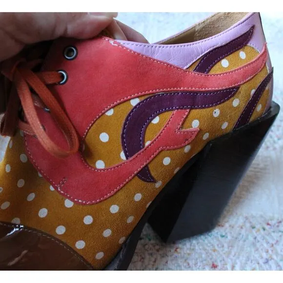 John Fluevog Dali Orange Contrast Western Lace Up Suede Heeled Shoes M10/W12