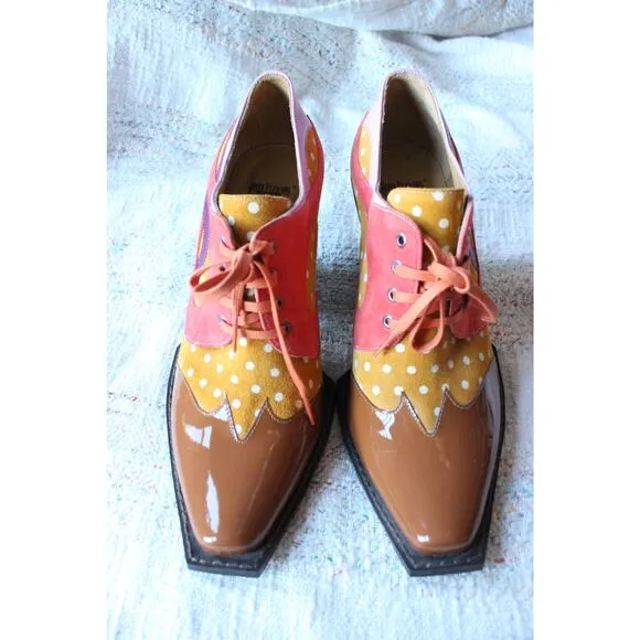 John Fluevog Dali Orange Contrast Western Lace Up Suede Heeled Shoes M10/W12