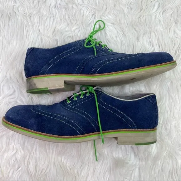 JOHNSTON &amp; MURPHY Ellington BLUE SUEDE Mens 11.5M Green Lace Wingtip Shoes