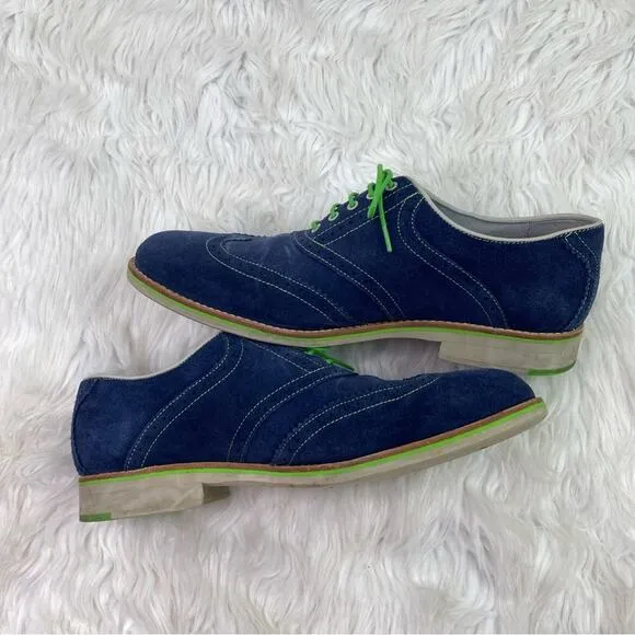 JOHNSTON &amp; MURPHY Ellington BLUE SUEDE Mens 11.5M Green Lace Wingtip Shoes