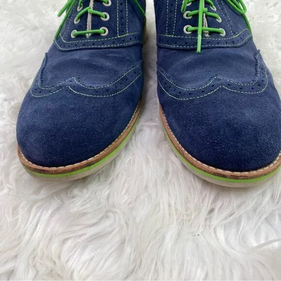 JOHNSTON &amp; MURPHY Ellington BLUE SUEDE Mens 11.5M Green Lace Wingtip Shoes