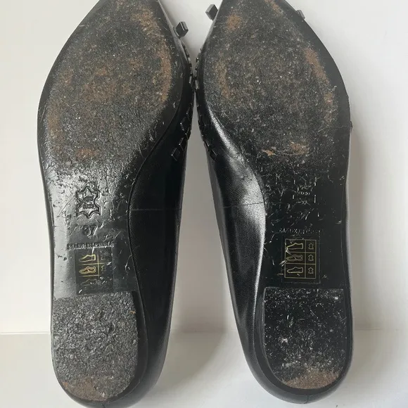 Karen Millen Studded Bow Glamour Biker Black Leather Ballet Pointy Flats Shoes 7