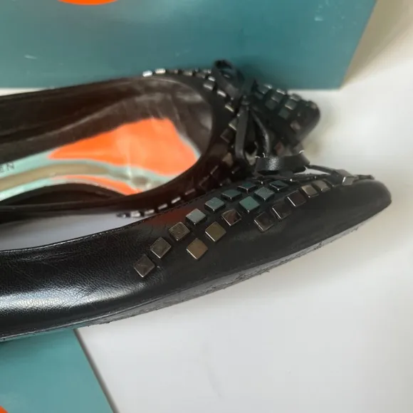 Karen Millen Studded Bow Glamour Biker Black Leather Ballet Pointy Flats Shoes 7