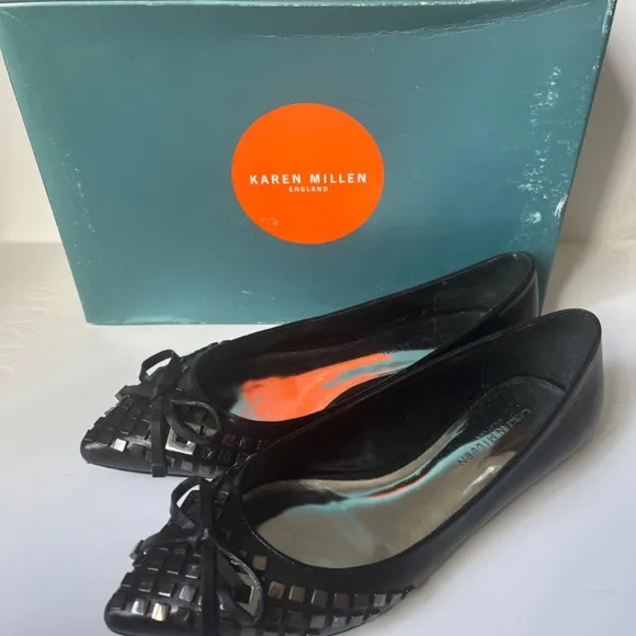Karen Millen Studded Bow Glamour Biker Black Leather Ballet Pointy Flats Shoes 7