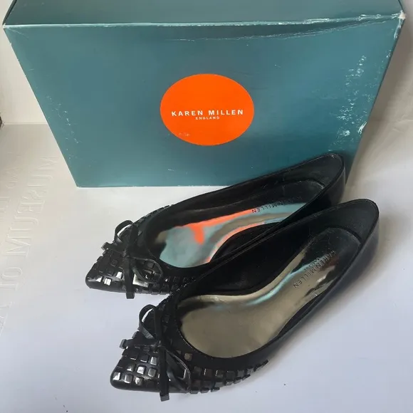 Karen Millen Studded Bow Glamour Biker Black Leather Ballet Pointy Flats Shoes 7
