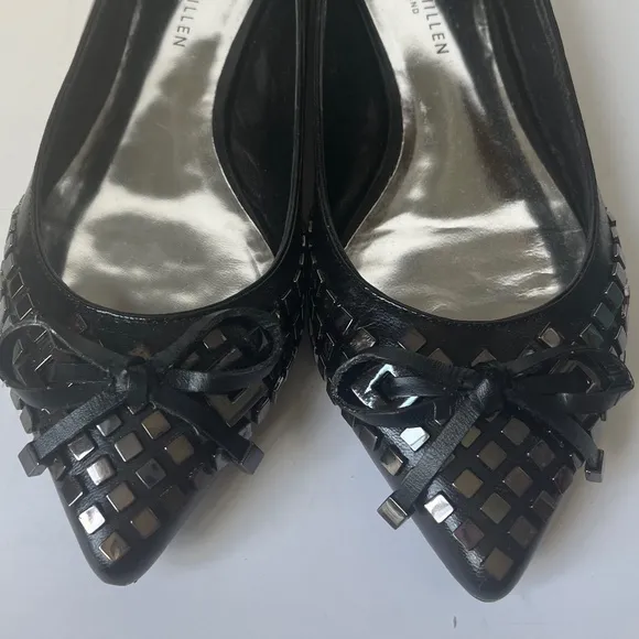 Karen Millen Studded Bow Glamour Biker Black Leather Ballet Pointy Flats Shoes 7