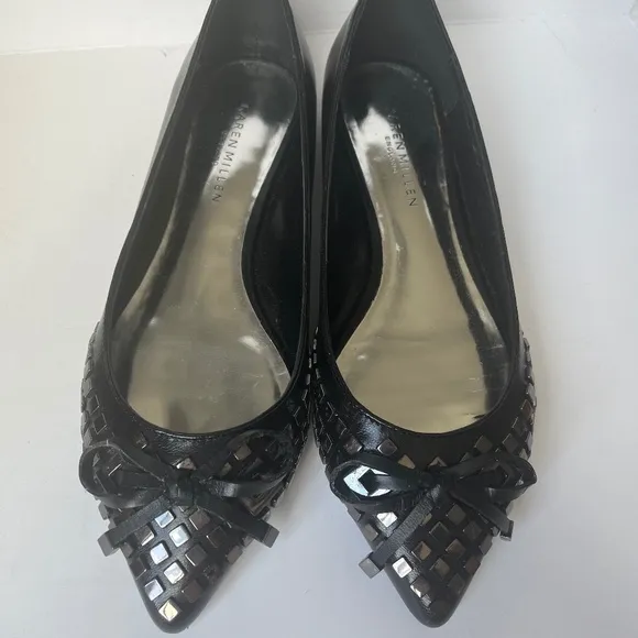 Karen Millen Studded Bow Glamour Biker Black Leather Ballet Pointy Flats Shoes 7