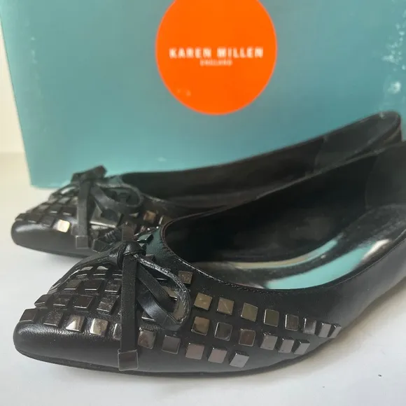Karen Millen Studded Bow Glamour Biker Black Leather Ballet Pointy Flats Shoes 7