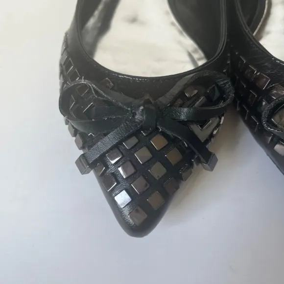 Karen Millen Studded Bow Glamour Biker Black Leather Ballet Pointy Flats Shoes 7
