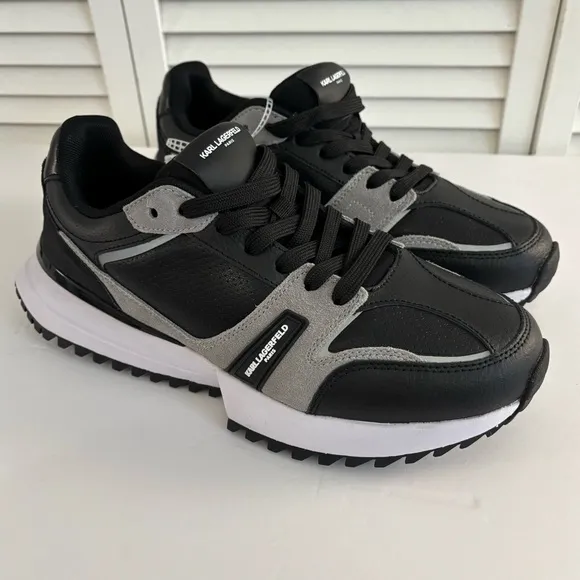 KARL LAGERFELD PARIS Colorblock Logo Leather &amp; Suede Sneakers men’s 8.5 black