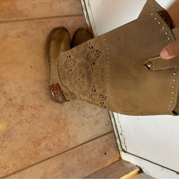 Karma &amp; Charm moccasin knee high boots cutout cowboy shoes logo flats y2k