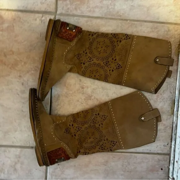 Karma &amp; Charm moccasin knee high boots cutout cowboy shoes logo flats y2k