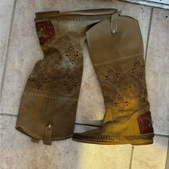 Karma &amp; Charm moccasin knee high boots cutout cowboy shoes logo flats y2k