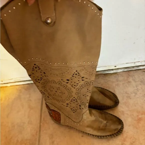 Karma &amp; Charm moccasin knee high boots cutout cowboy shoes logo flats y2k