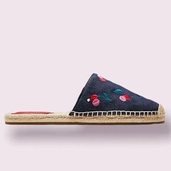 Kate Spade Cherry Mules Denim &amp; Leather Shoes NWT Size 6
