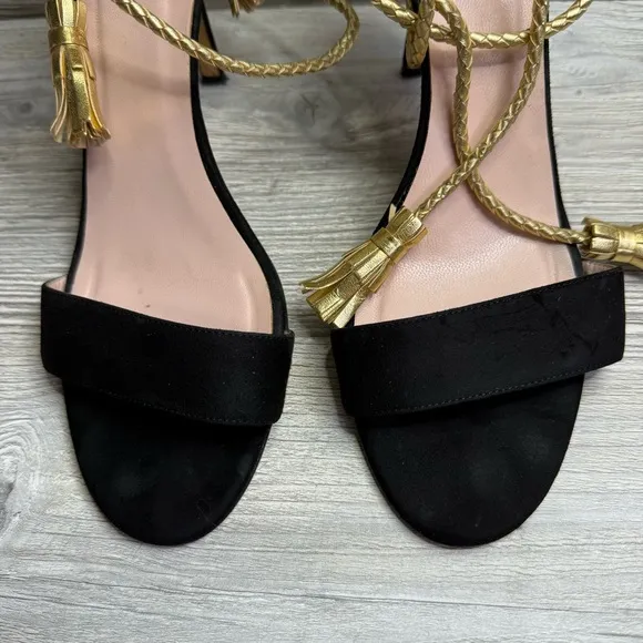Kate Spade Inez Elegant open toe Black suede and Gold corded Women's Heels sz 9