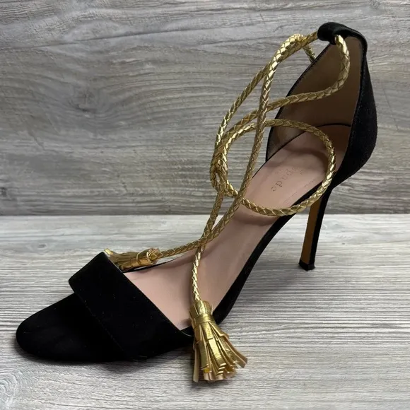 Kate Spade Inez Elegant open toe Black suede and Gold corded Women's Heels sz 9