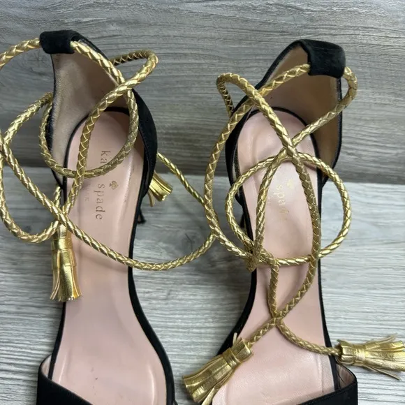 Kate Spade Inez Elegant open toe Black suede and Gold corded Women's Heels sz 9