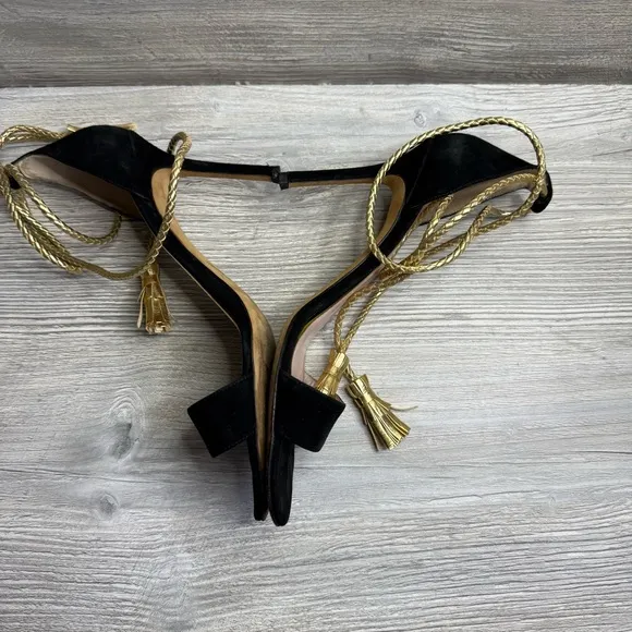 Kate Spade Inez Elegant open toe Black suede and Gold corded Women's Heels sz 9