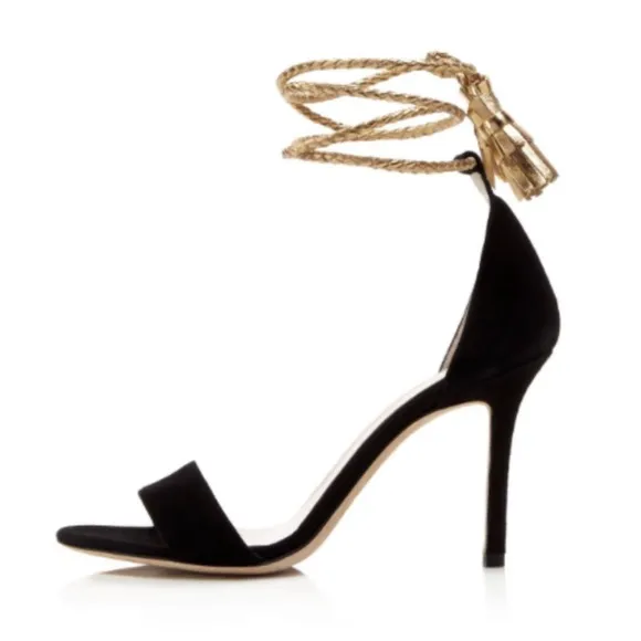 Kate Spade Inez Elegant open toe Black suede and Gold corded Women's Heels sz 9