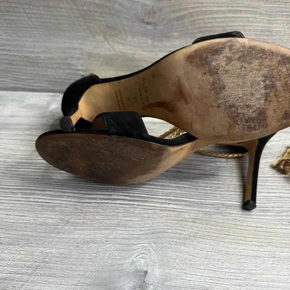 Kate Spade Inez Elegant open toe Black suede and Gold corded Women's Heels sz 9